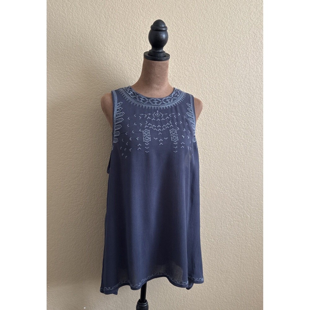 Japna Women's Boho Embroidered Sleeveless Top Size L Navy Blue Viscose Swing